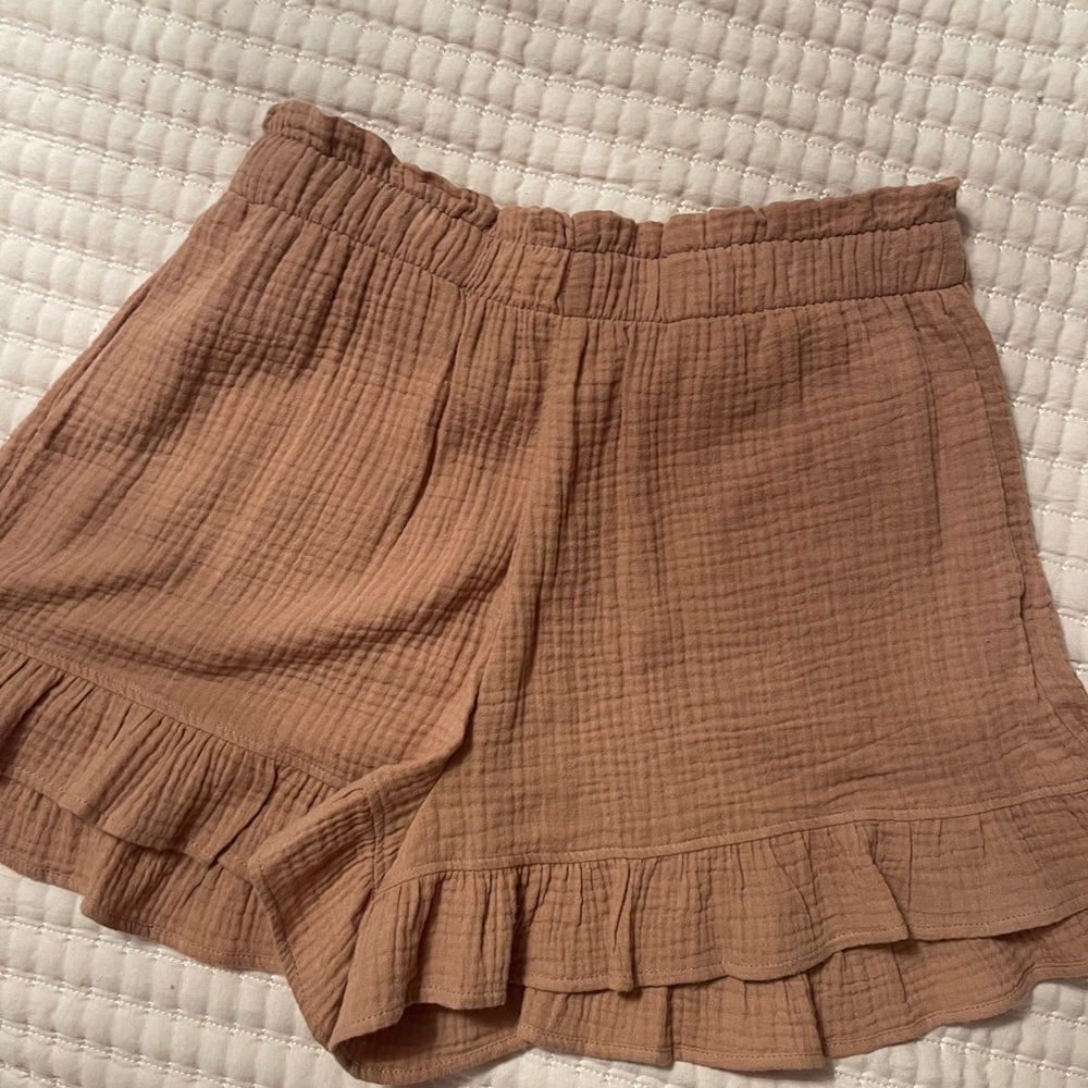 Show Me Your MuMu Tan Ruffle Shorts